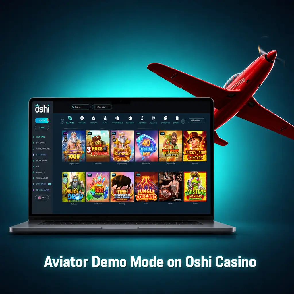 Aviator demo mode on Oshi Casino letting players practice crash mechanics and cash-out timing with virtual credits risk-free