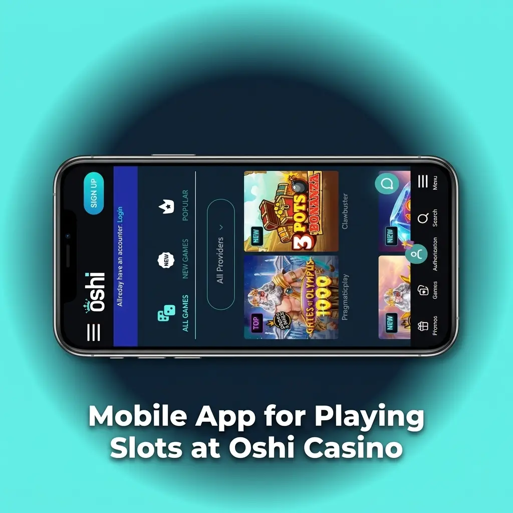 Oshi Casino mobile PWA interface showing slot games on a smartphone with navigation panel and full-screen gameplay