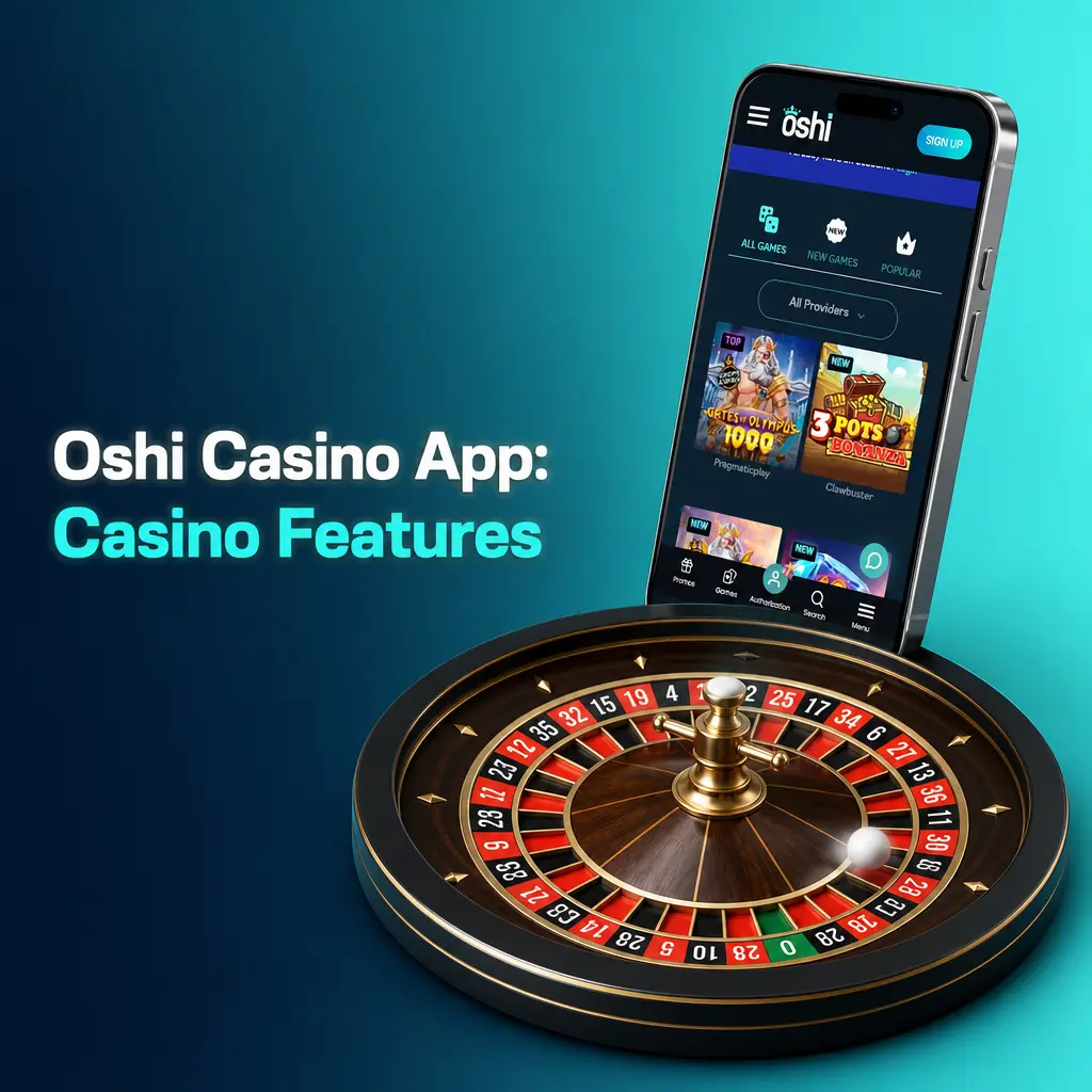 Oshi Casino app interface showing live casino games, slots, and table games from top providers like Evolution and NetEnt