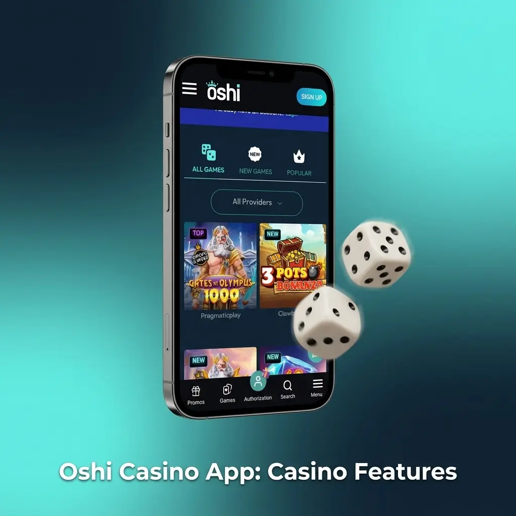 Oshi Casino app interface showing casino game library with live dealer tables, slots, and promotions from top providers