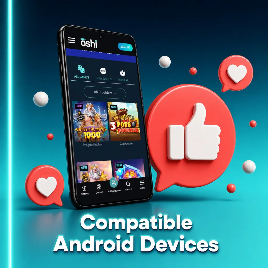 Oshi Casino compatible Android devices list including Samsung, Google Pixel, OnePlus, Sony, and more for Canadian users