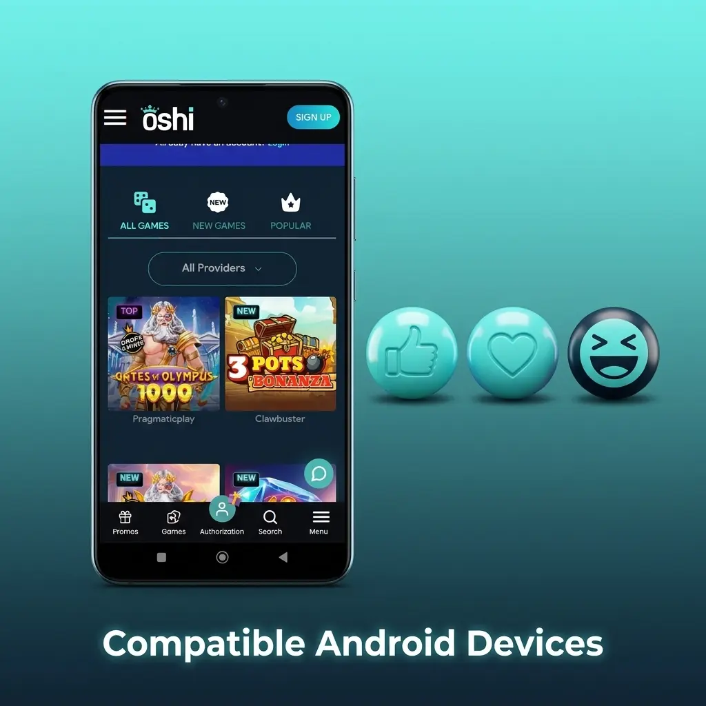 Compatible Android devices for Oshi Casino app including Samsung Galaxy, Google Pixel, OnePlus, and more
