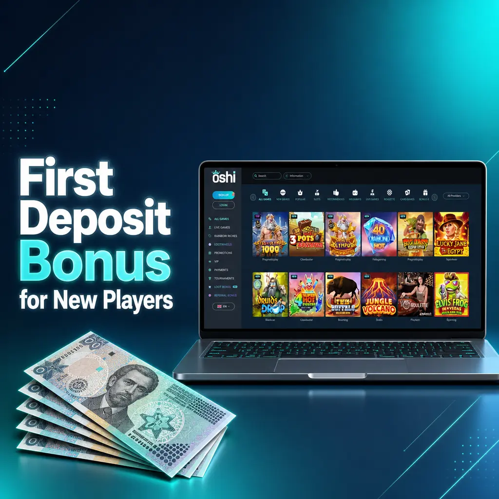 Oshi Casino first deposit bonus for new Canadian players offering 100% match up to CAD 4,000 plus 200 Free Spins