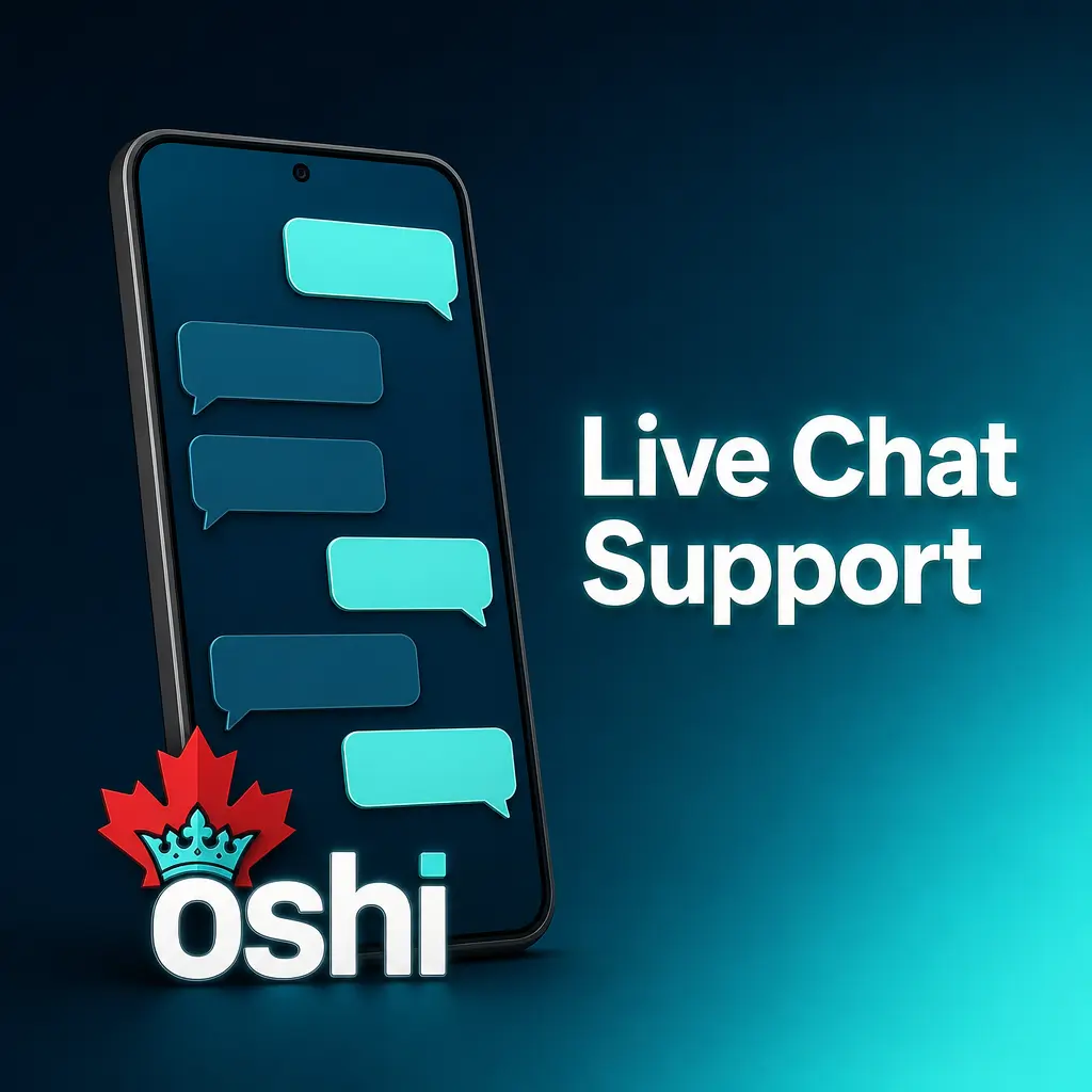 Oshi Casino live chat support widget icon on website interface available 24/7 for instant player assistance