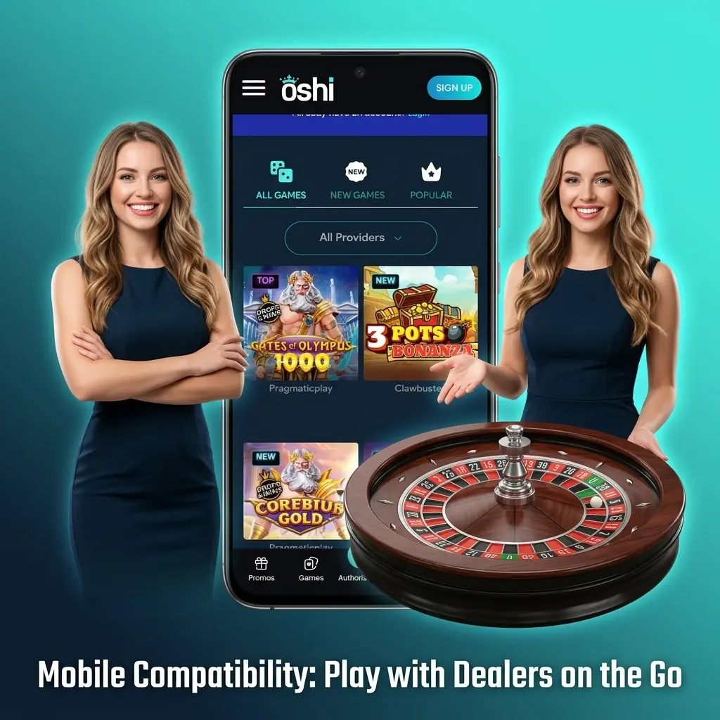 Oshi Casino live dealer mobile interface on smartphone with portrait layout showing betting controls and HD streaming