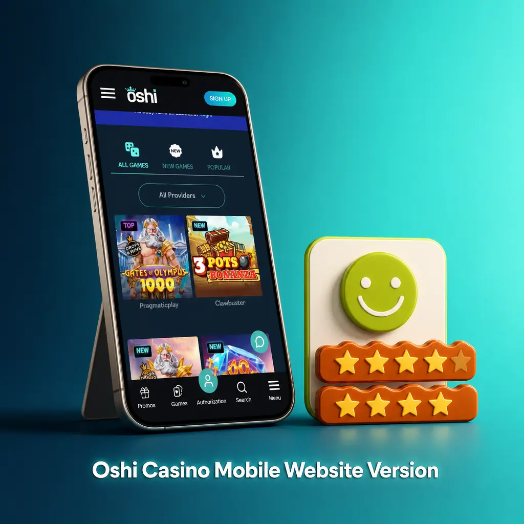 Oshi Casino mobile website displayed on a smartphone, showing casino games and sports betting interface