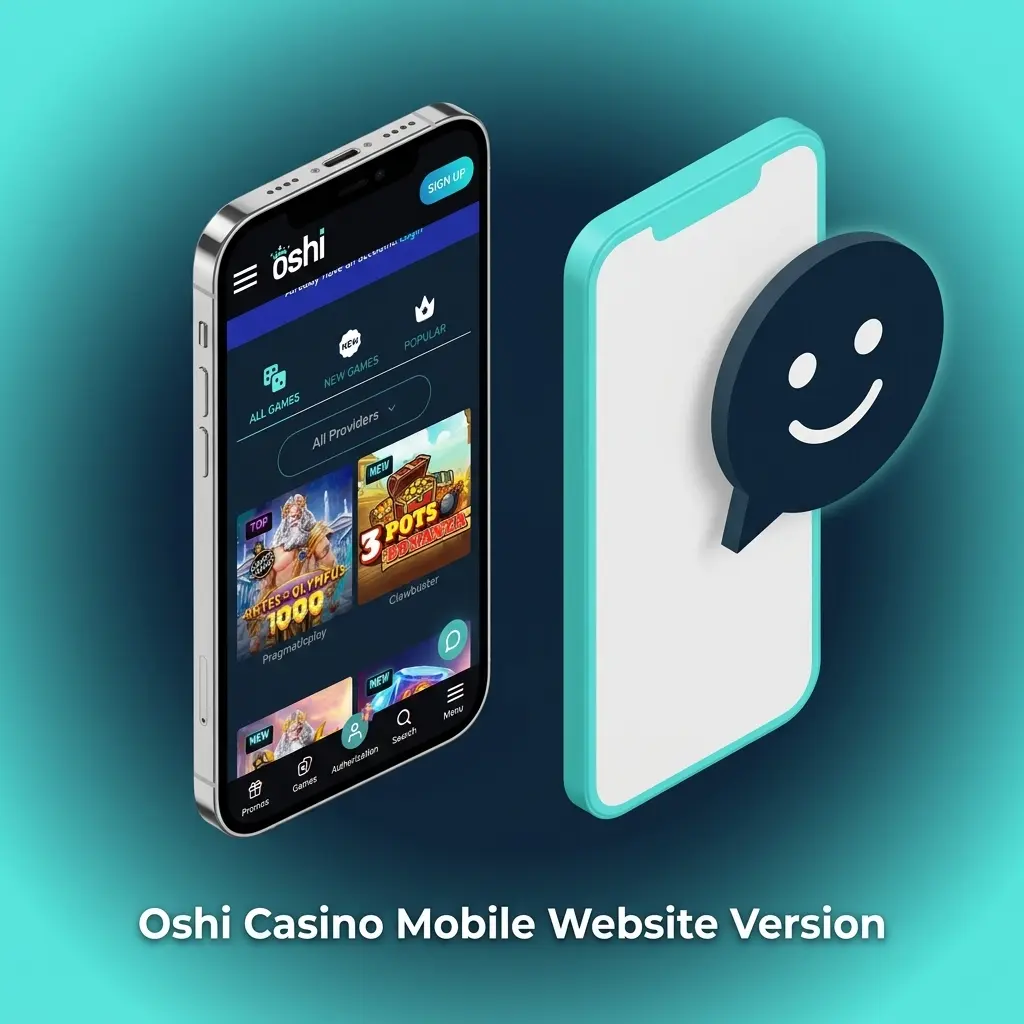 Oshi Casino mobile website displayed on a smartphone, showing casino games and sports betting without app download