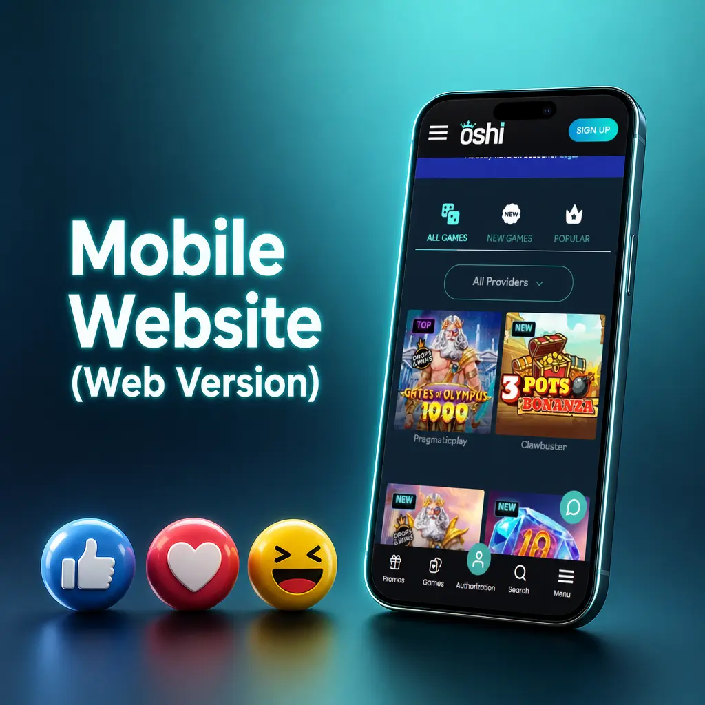 Oshi Casino mobile website on smartphone browser showing full game library with no download required across all devices