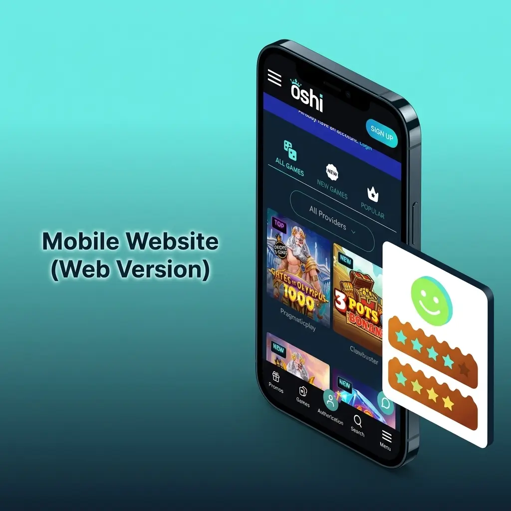 Oshi Casino mobile website interface running on smartphone browser with full game library access, no download required