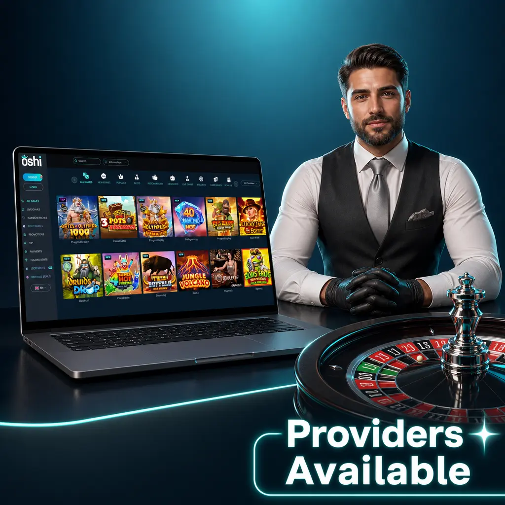 Live casino software providers at Oshi Casino including Evolution, Pragmatic Play Live, and Playtech studio setups