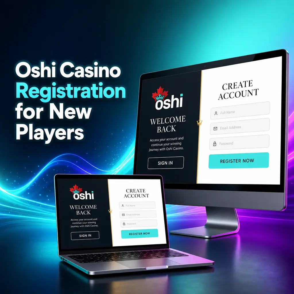 Oshi Casino registration form for new Canadian players showing sign-up steps including personal details and currency selection