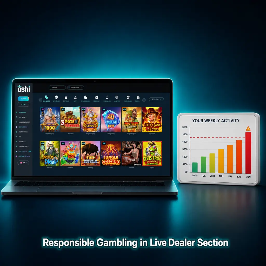 Responsible gambling tools at Oshi Casino live dealer section with deposit and session limit settings