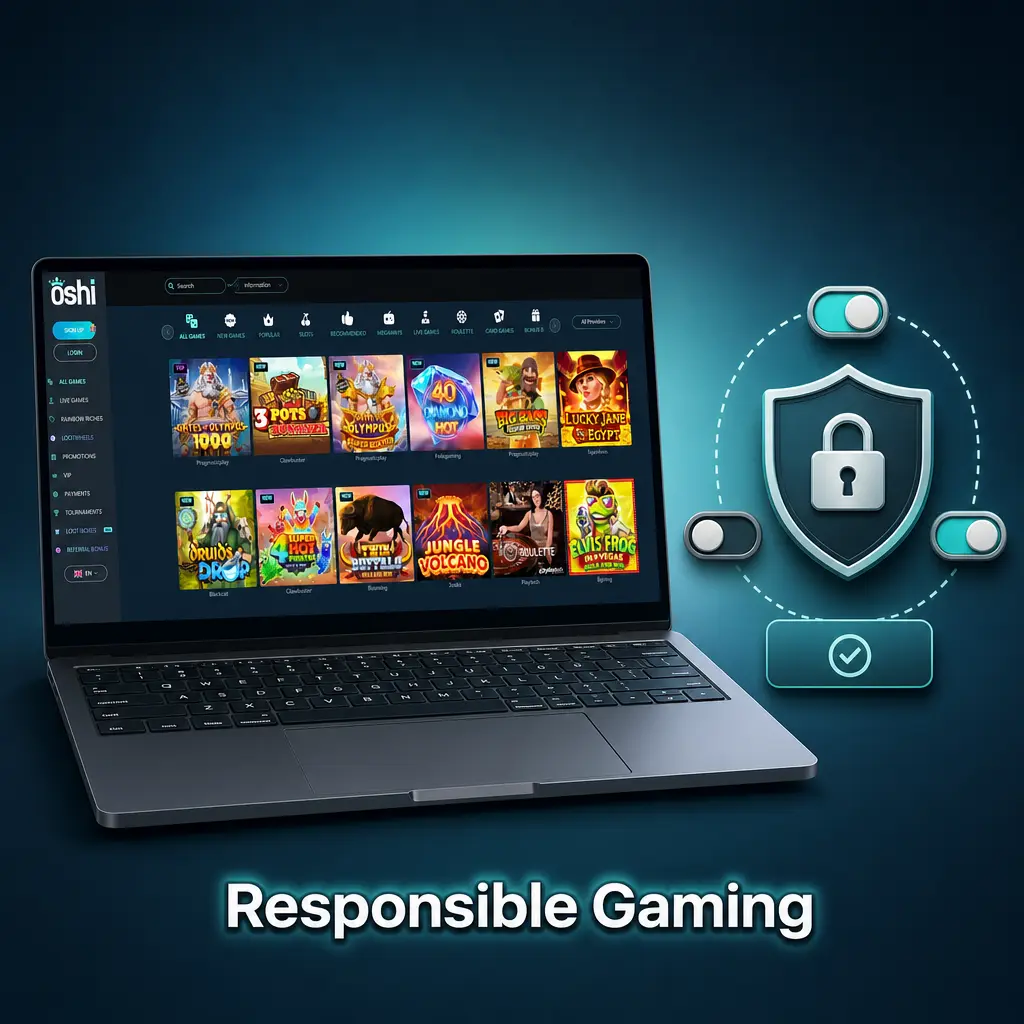 Oshi Casino responsible gaming tools including deposit limits, self-exclusion, and session controls for Canadian players