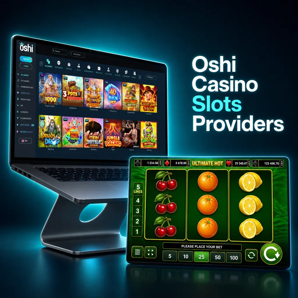 Oshi Casino slots providers logos including Pragmatic Play, NetEnt, Microgaming, Play'n GO, and Yggdrasil
