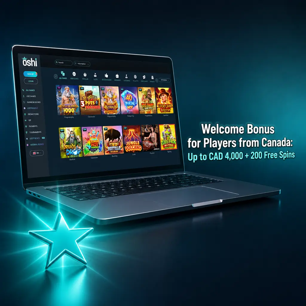Oshi Casino welcome bonus for Canadian players offering up to CAD 4,000 and 200 free spins across four deposits