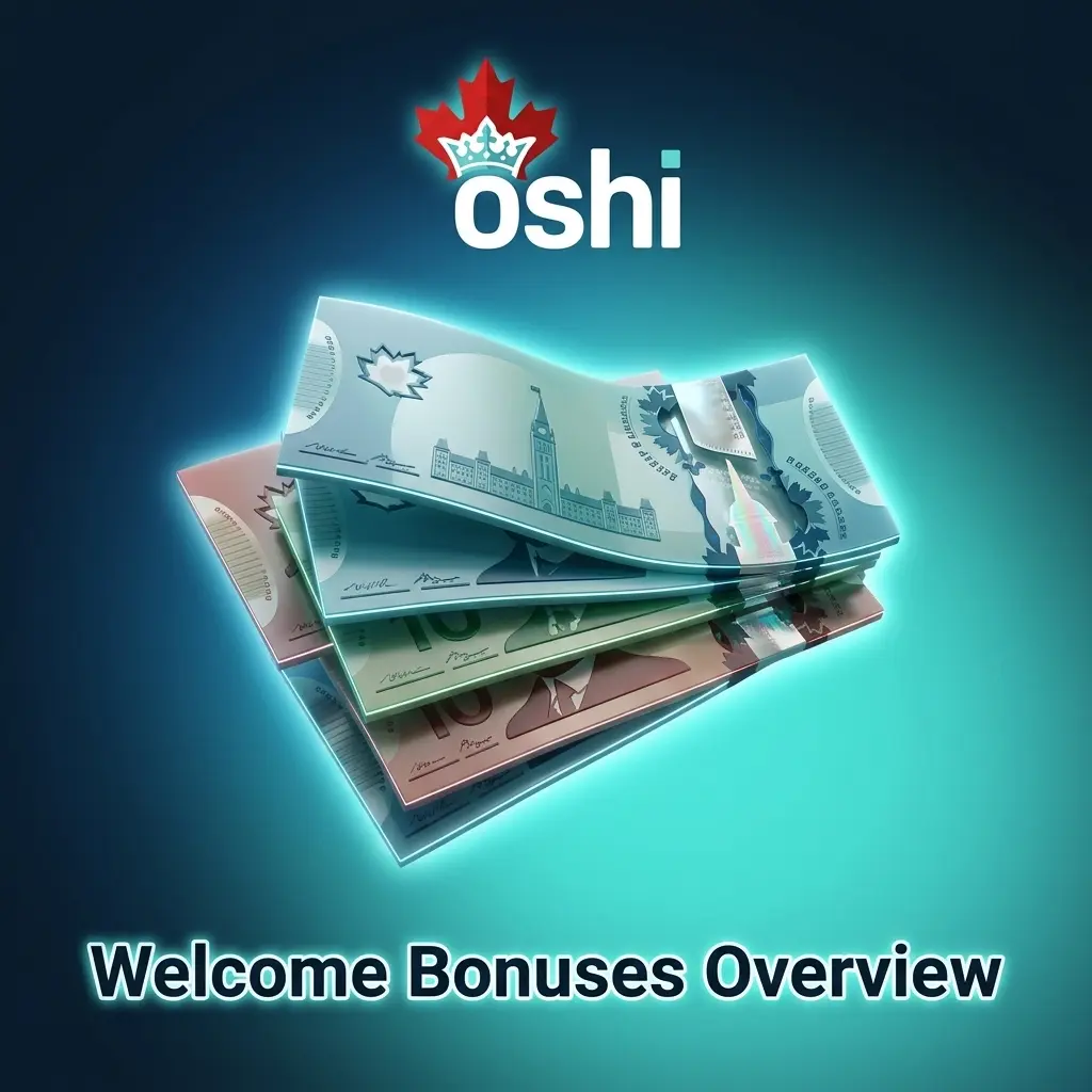Oshi Casino welcome bonus table showing casino deposits up to CAD 1,000 plus free spins and sports bonus up to CAD 200