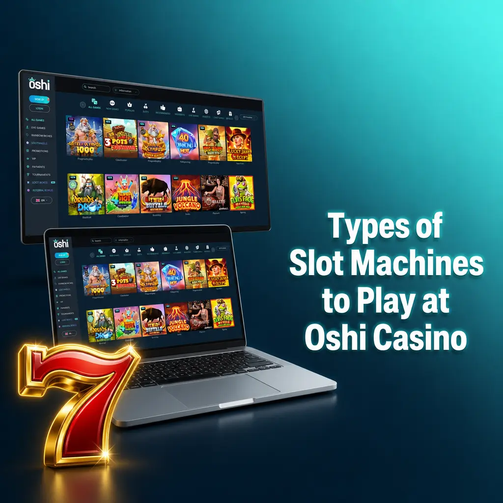 Colorful slot machine categories at Oshi Casino including classic, video, progressive jackpot, and Megaways slots