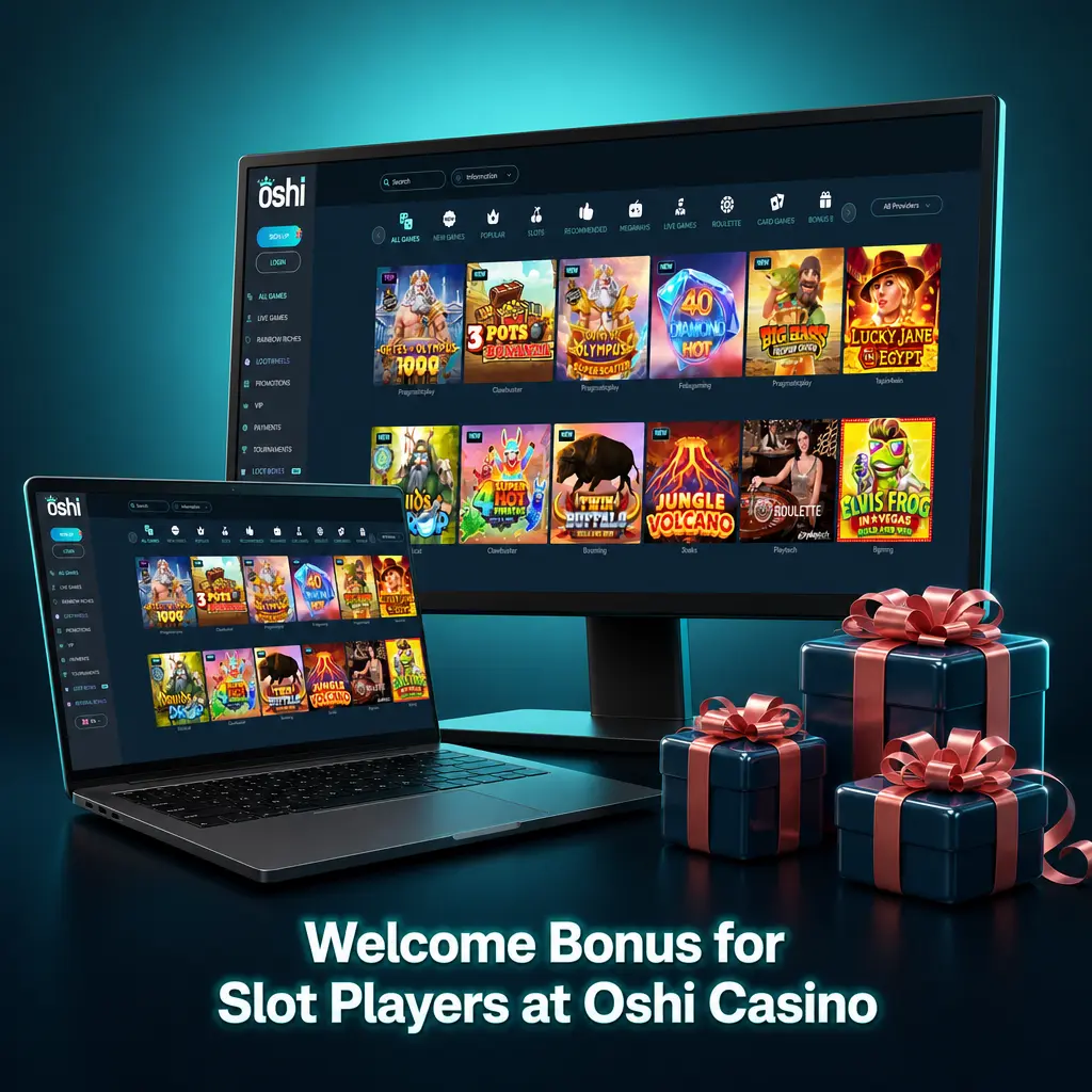 Oshi Casino welcome bonus for slot players showing 100% match up to CAD 4,000 and 200 Free Spins offer